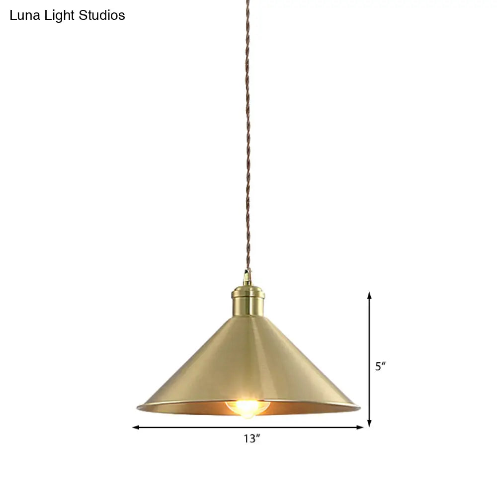 Industrial Cone Metal Hanging Light Fixture With Adjustable Brass Cord - 7’/9.5’ W Ideal For