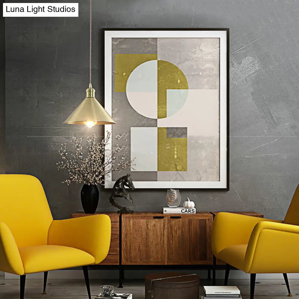 Industrial Metal Hanging Light Fixture With Adjustable Cord - Brass Cone Pendant Lighting 7/9.5 W 1