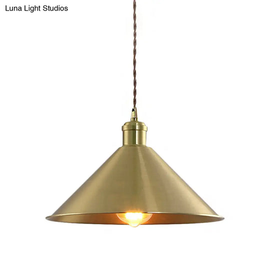 Industrial Cone Metal Hanging Light Fixture With Adjustable Brass Cord - 7’/9.5’ W Ideal For