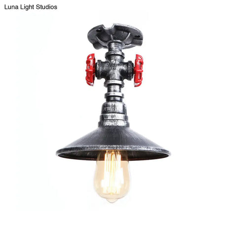 Industrial Cone Semi-Flush Ceiling Light With Red Faucet Valve In Black/Bronze For Bedroom