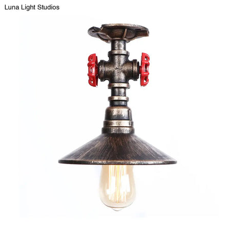 Industrial Cone Semi-Flush Ceiling Light With Red Faucet Valve In Black/Bronze For Bedroom