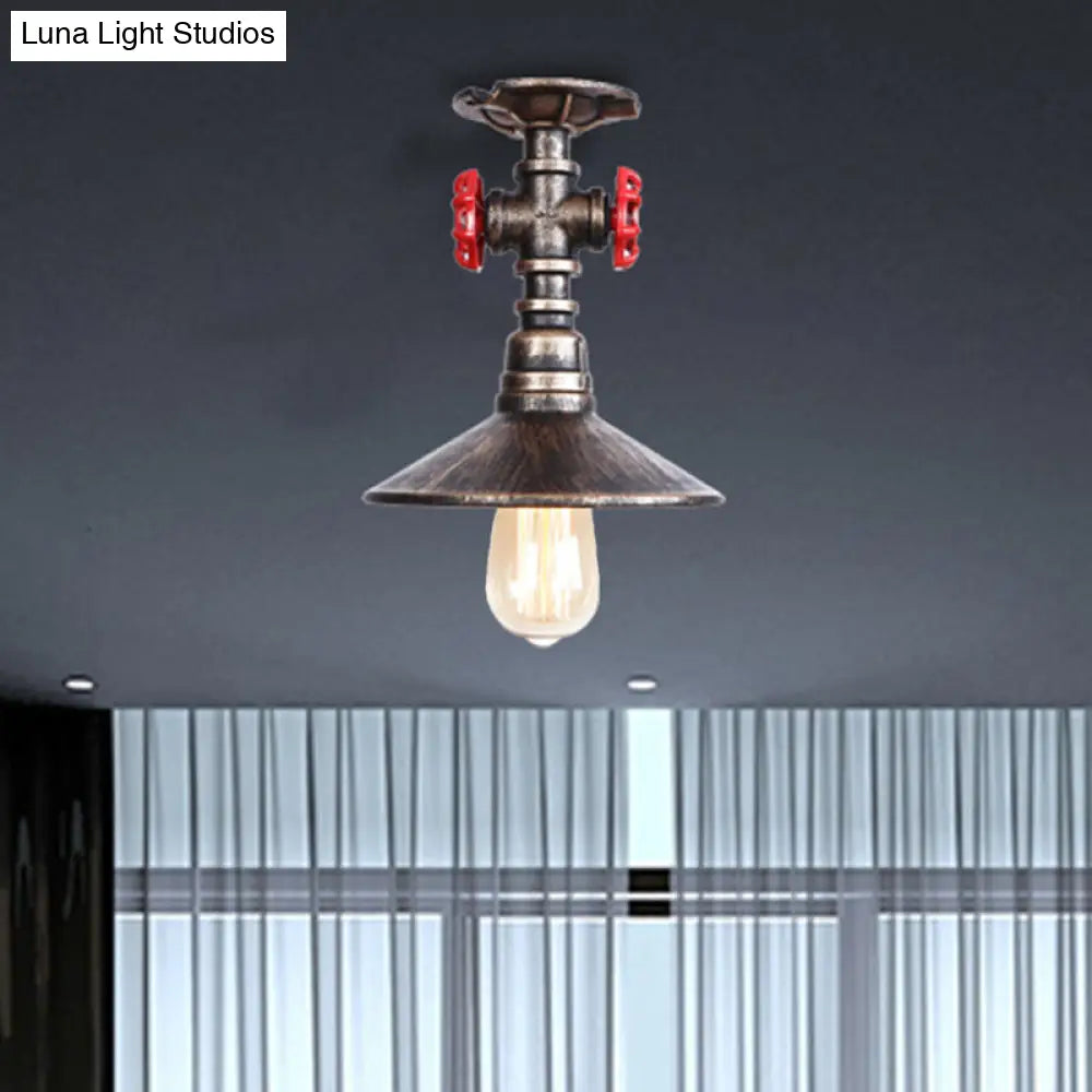 Industrial Cone Semi-Flush Ceiling Light With Red Faucet Valve In Black/Bronze For Bedroom Bronze