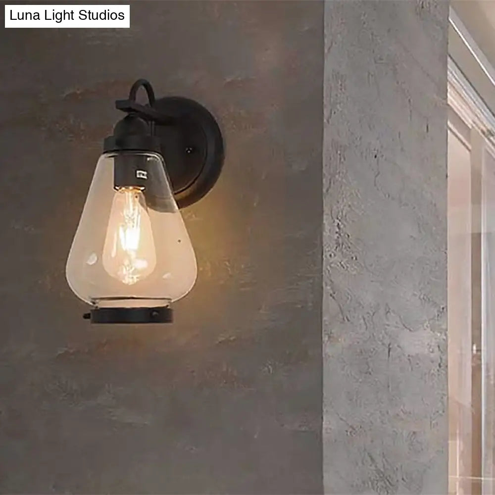 Industrial Cone Shade Porch Wall Light Fixture - Clear Glass 1 Black Sconce Lamp