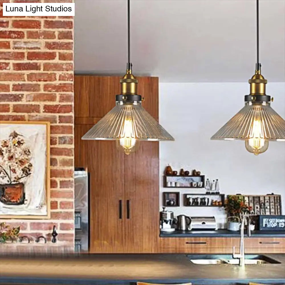 Industrial Cone-Shaded Single Light Pendant - Black/Clear Black