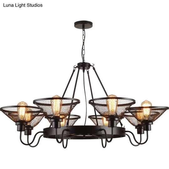 Industrial Conical Mesh Chandelier - Black Metallic Suspended Lighting For Restaurants