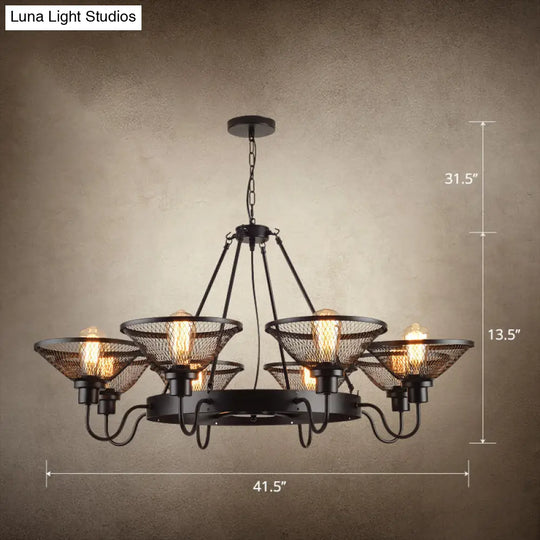 Industrial Conical Mesh Chandelier - Black Metallic Suspended Lighting For Restaurants