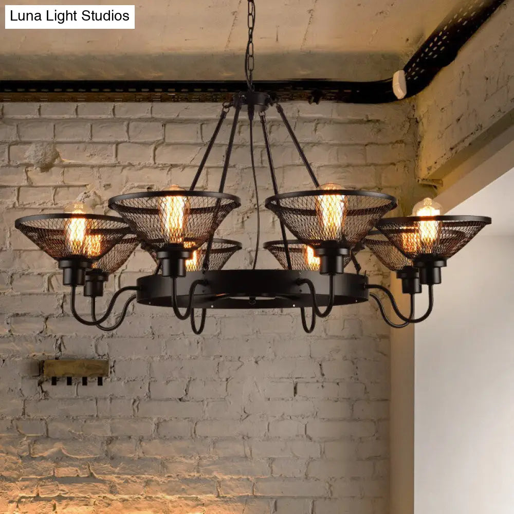 Industrial Black Conical Mesh Chandelier: Stylish Suspended Lighting For Restaurants
