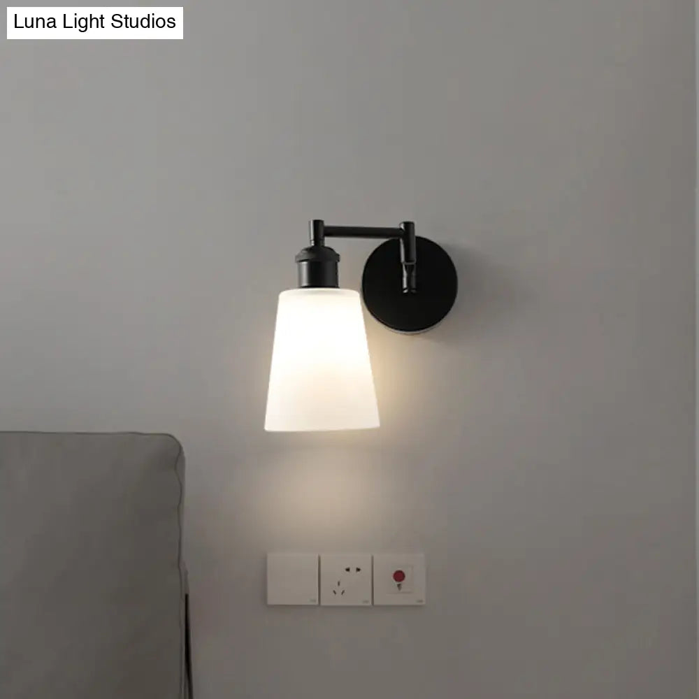 Industrial Conical Milky Glass Sconce: 1-Light Black Wall Lighting For Living Room