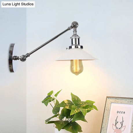 Industrial Conical Sconce Light With Opal Glass - Black/Bronze/Brass Finish Arm Mount 8/12 L