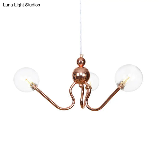Copper Industrial Chandelier With 3 Clear/Amber Glass Lights For Dining Room Pendant