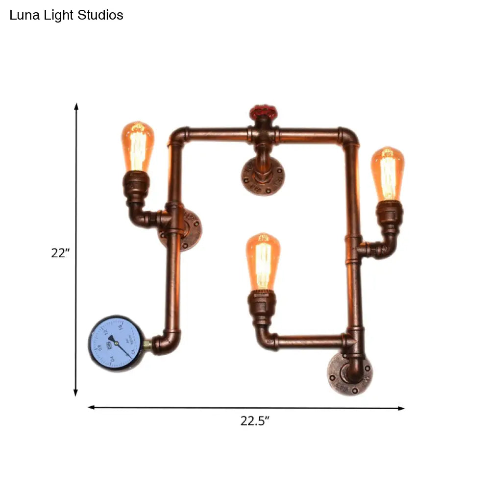Industrial Copper Finish 3-Head Iron Sconce Light - Twisted Living Room Wall Mount Pipe Lamp With
