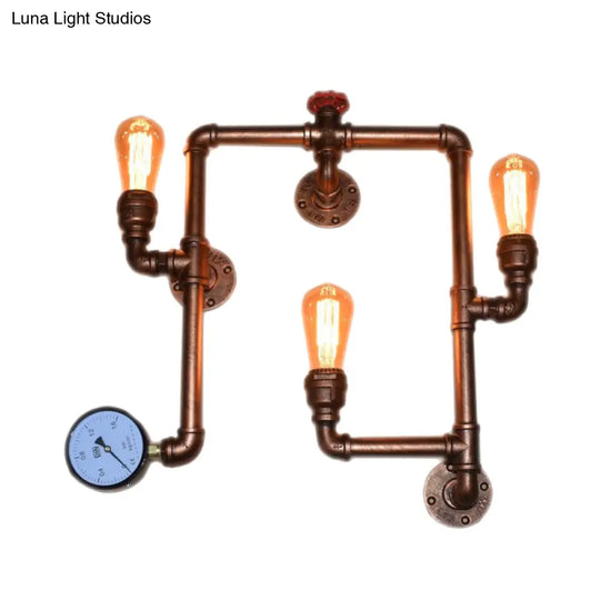 Industrial Copper Finish 3-Head Iron Sconce Light - Twisted Living Room Wall Mount Pipe Lamp With