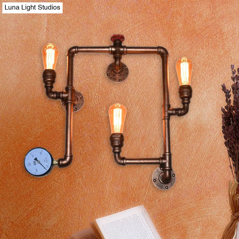 Industrial Copper Finish 3-Head Iron Sconce Light - Twisted Living Room Wall Mount Pipe Lamp With