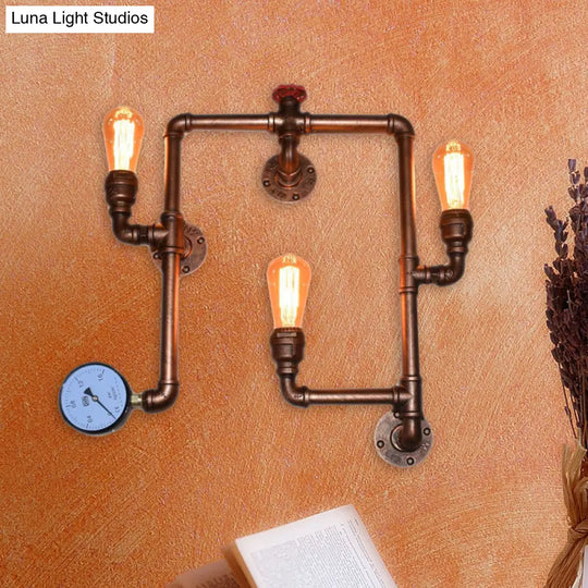 Industrial Copper Finish 3-Head Iron Sconce Light - Twisted Living Room Wall Mount Pipe Lamp With