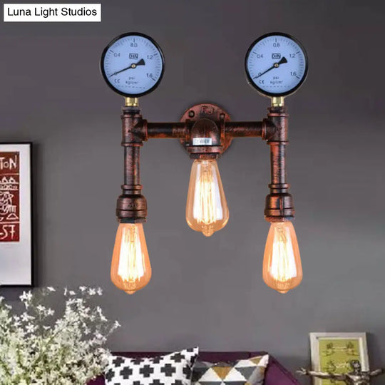 Industrial Copper Metallic Sconce Light Balcony Wall Lamp With Exposed Bulb - 3 Lights