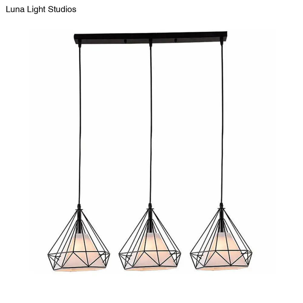 Industrial Diamond Cage Multi-Light Pendant - 3 Heads Iron Hanging Lighting For Dining Room