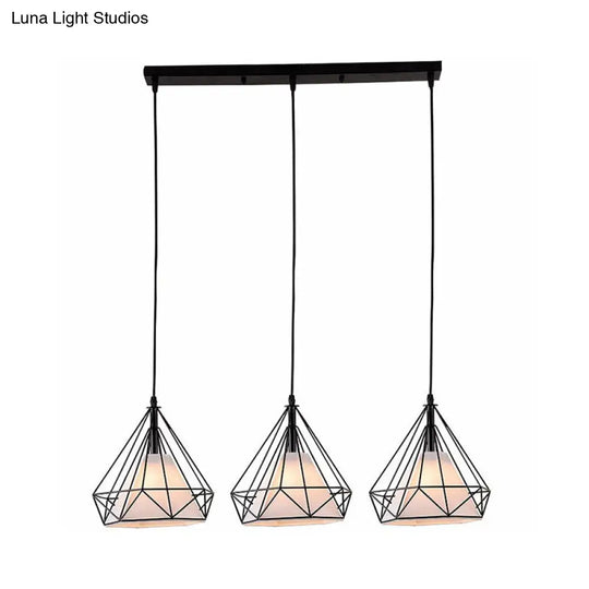Industrial Diamond Cage Multi-Light Pendant - 3 Heads Iron Hanging Lighting For Dining Room