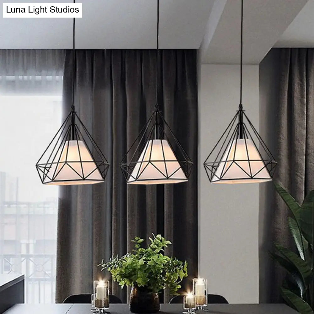 Industrial Diamond Cage Multi-Light Pendant - 3 Heads Iron Hanging Lighting For Dining Room