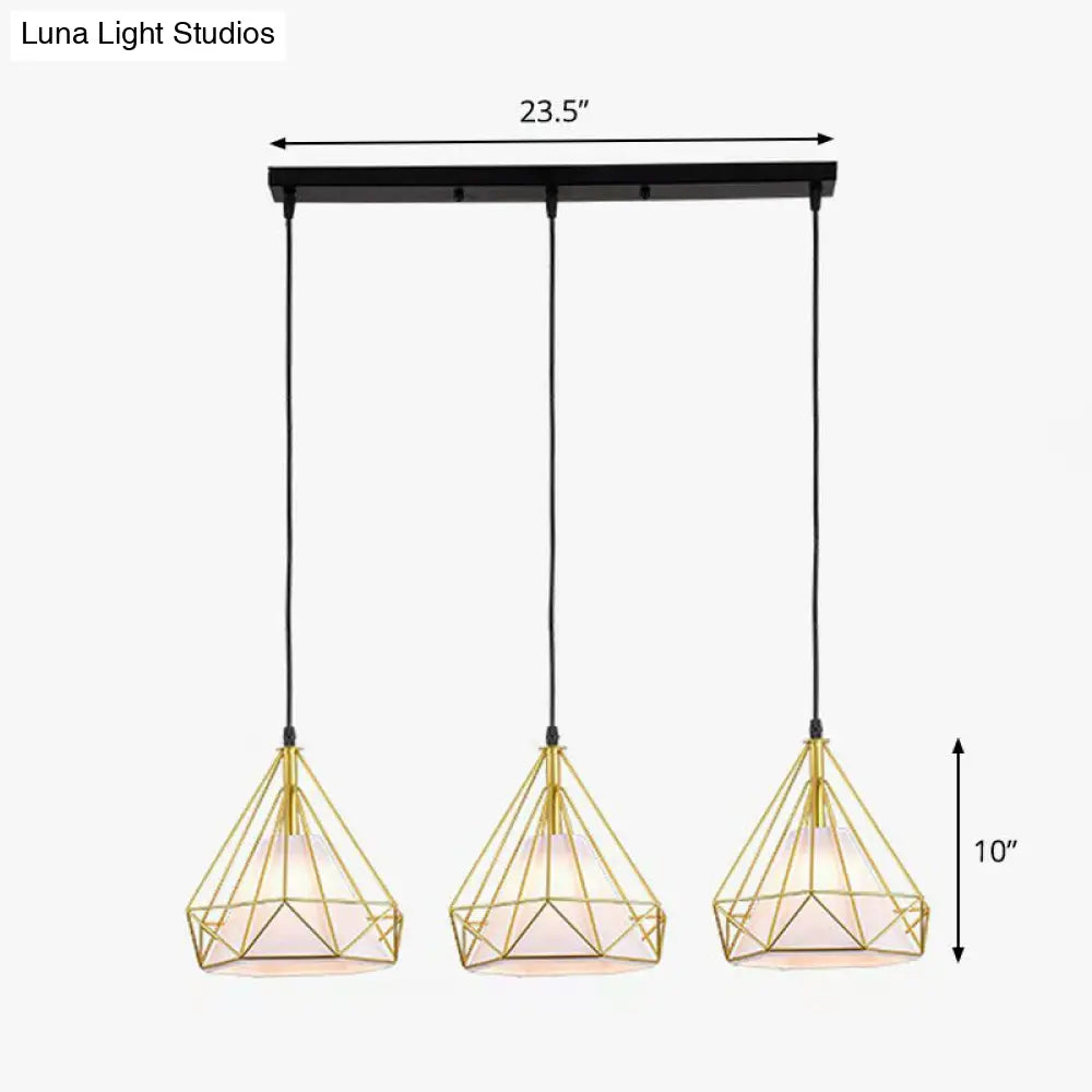 Industrial Diamond Cage Multi-Light Pendant - 3 Heads Iron Hanging Lighting For Dining Room Gold /