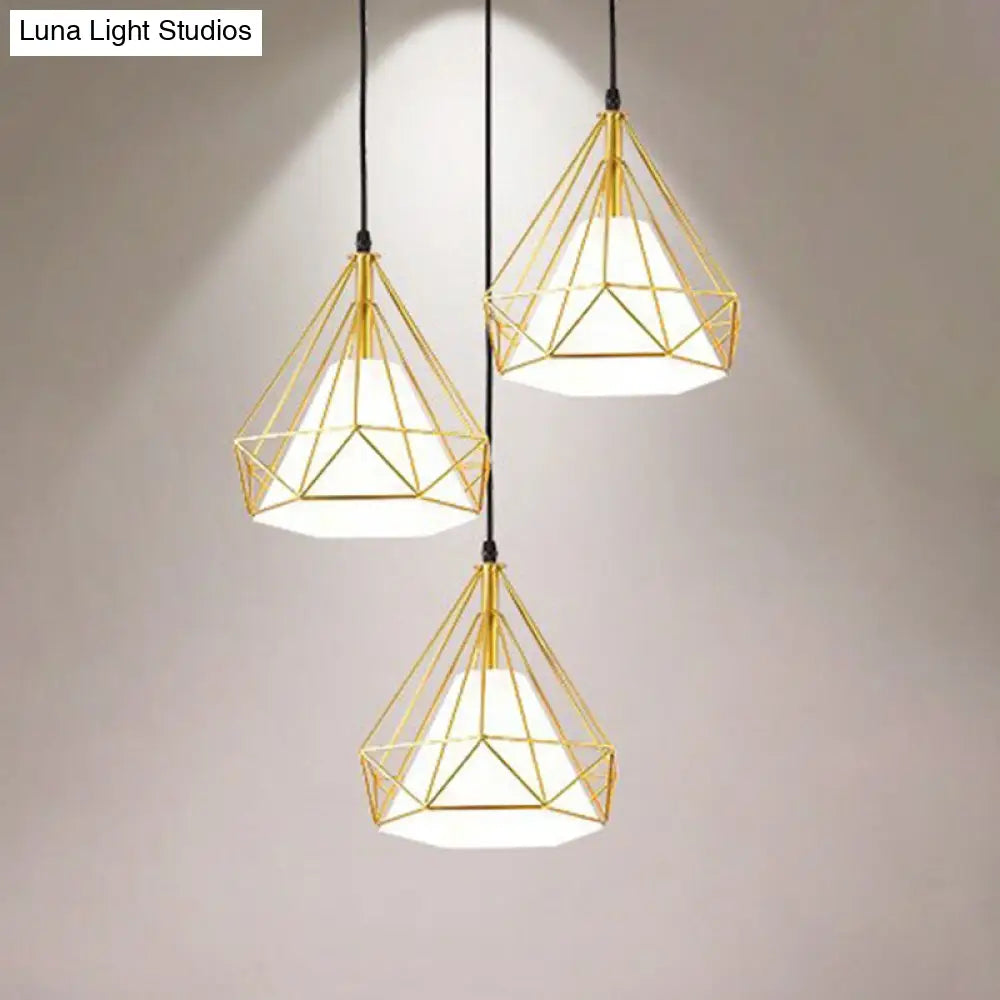 Industrial Diamond Cage Multi-Light Pendant - 3 Heads Iron Hanging Lighting For Dining Room