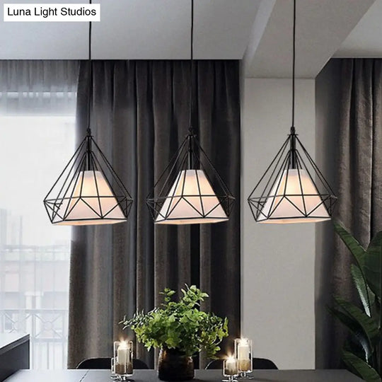 Industrial Diamond Cage Pendant Light With 3 Iron Heads - Stylish Lighting For Dining Room