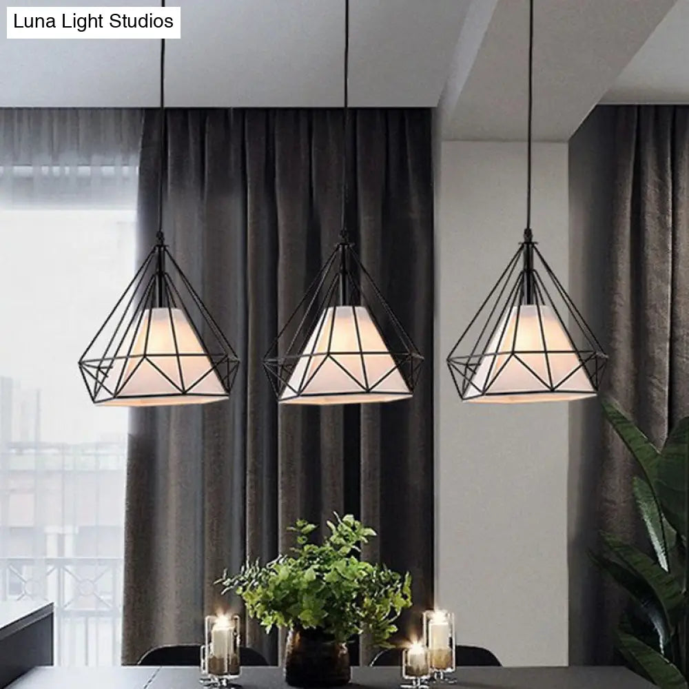 Industrial Diamond Cage Pendant Light With 3 Iron Heads - Stylish Lighting For Dining Room