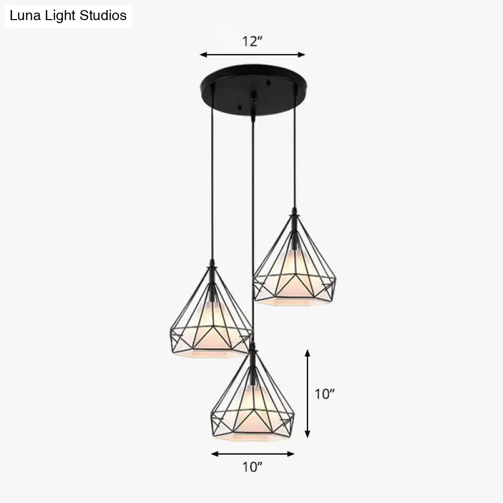 Industrial Diamond Cage Multi-Light Pendant - 3 Heads Iron Hanging Lighting For Dining Room Black /