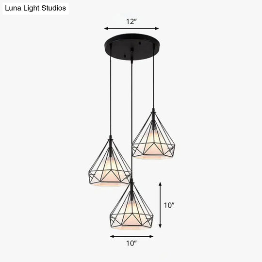 Industrial Diamond Cage Multi-Light Pendant - 3 Heads Iron Hanging Lighting For Dining Room Black /