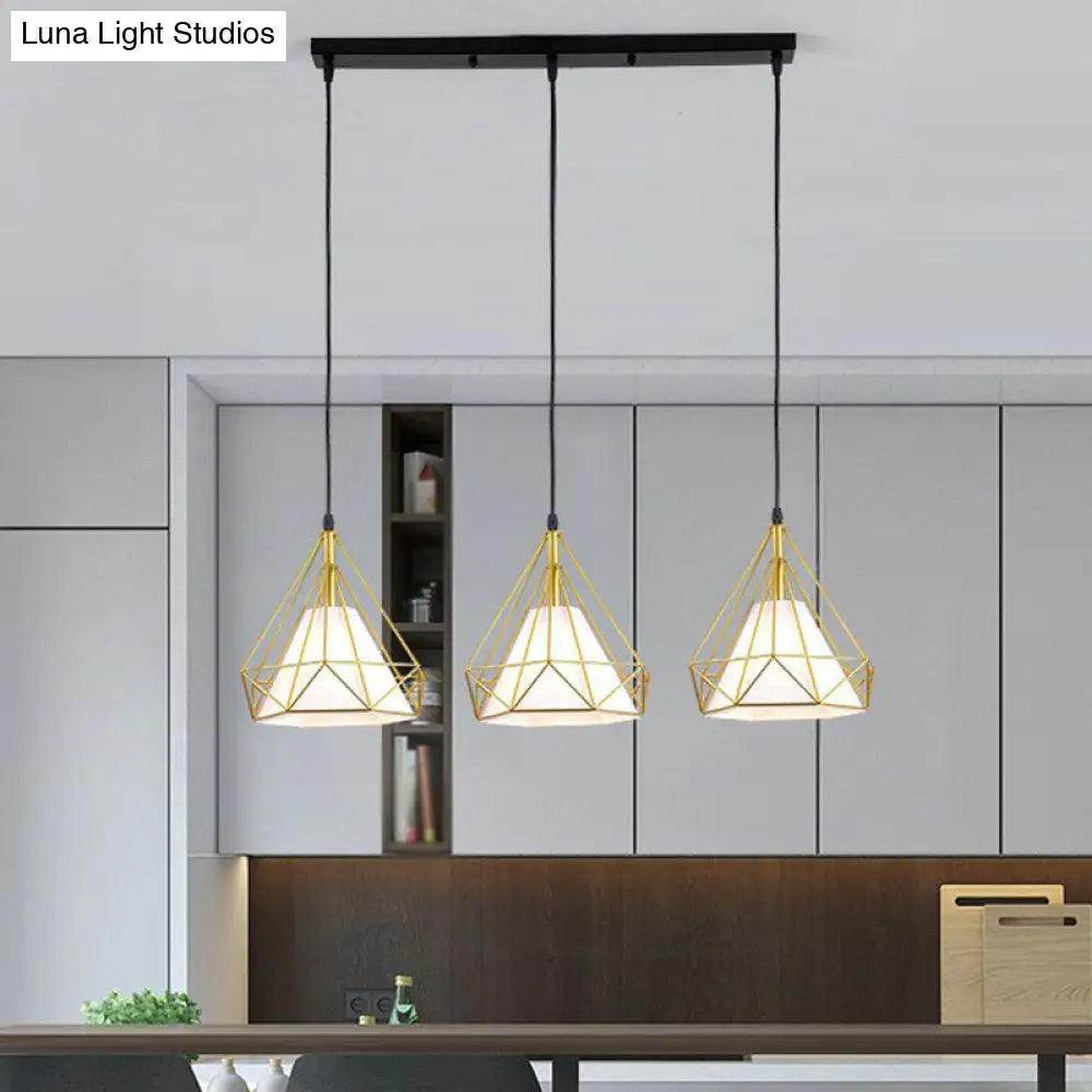 Industrial Diamond Cage Pendant Light With 3 Iron Heads - Stylish Lighting For Dining Room