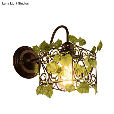 Industrial Diamond/Globe/Square Metal Led Wall Lamp Sconce In Black With Plant - 1 Light Fixture