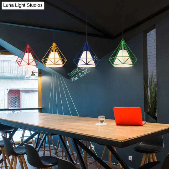 Industrial Wire Cage Pendant Light With Diamond Shade - 5 Lights Brown/Multi Colored Metal And