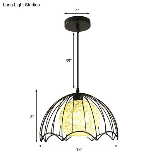 Industrial Metal Hanging Lamp With Rattan Shade - Black