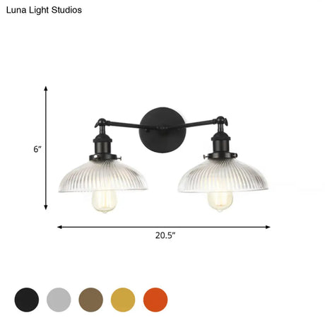 Industrial Domed Ribbed Glass Wall Light With Bronze/Brass/Copper Finish - 2-Light Sconce Lamp For