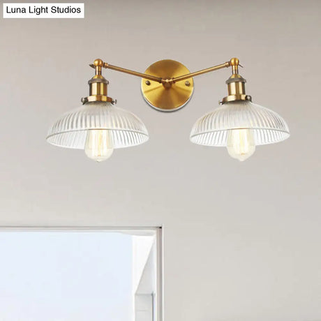 Industrial Domed Ribbed Glass Wall Light With Bronze/Brass/Copper Finish - 2-Light Sconce Lamp For