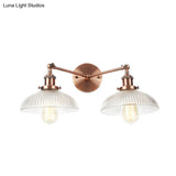 Industrial Domed Ribbed Glass Wall Light With Bronze/Brass/Copper Finish - 2-Light Sconce Lamp For