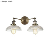 Industrial Domed Ribbed Glass Wall Light With Bronze/Brass/Copper Finish - 2-Light Sconce Lamp For