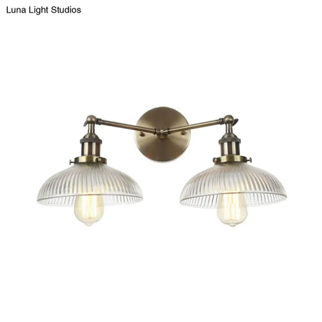 Industrial Domed Ribbed Glass Wall Light With Bronze/Brass/Copper Finish - 2-Light Sconce Lamp For