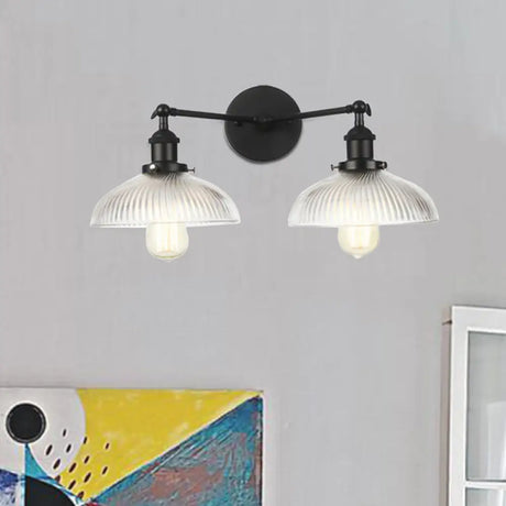 Industrial Domed Ribbed Glass Wall Light With Bronze/Brass/Copper Finish - 2-Light Sconce Lamp For