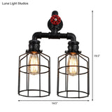 Industrial Double Caged Iron Sconce Lighting - 2 Lights Valve Wheel Black Wall Fixture For Hallways