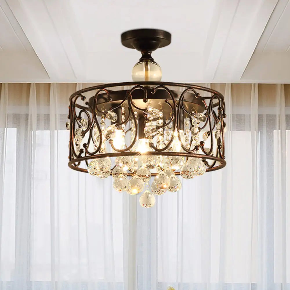 Industrial Drum Metal Ceiling Light Fixture - Antique Copper Semi Flush Mount With Crystal Ball 3