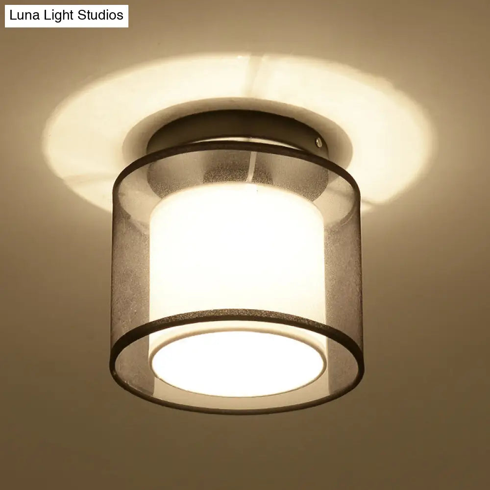 Industrial Dual-Layer Black Fabric Ceiling Light Fixture - Flush Mount Cylinder Design
