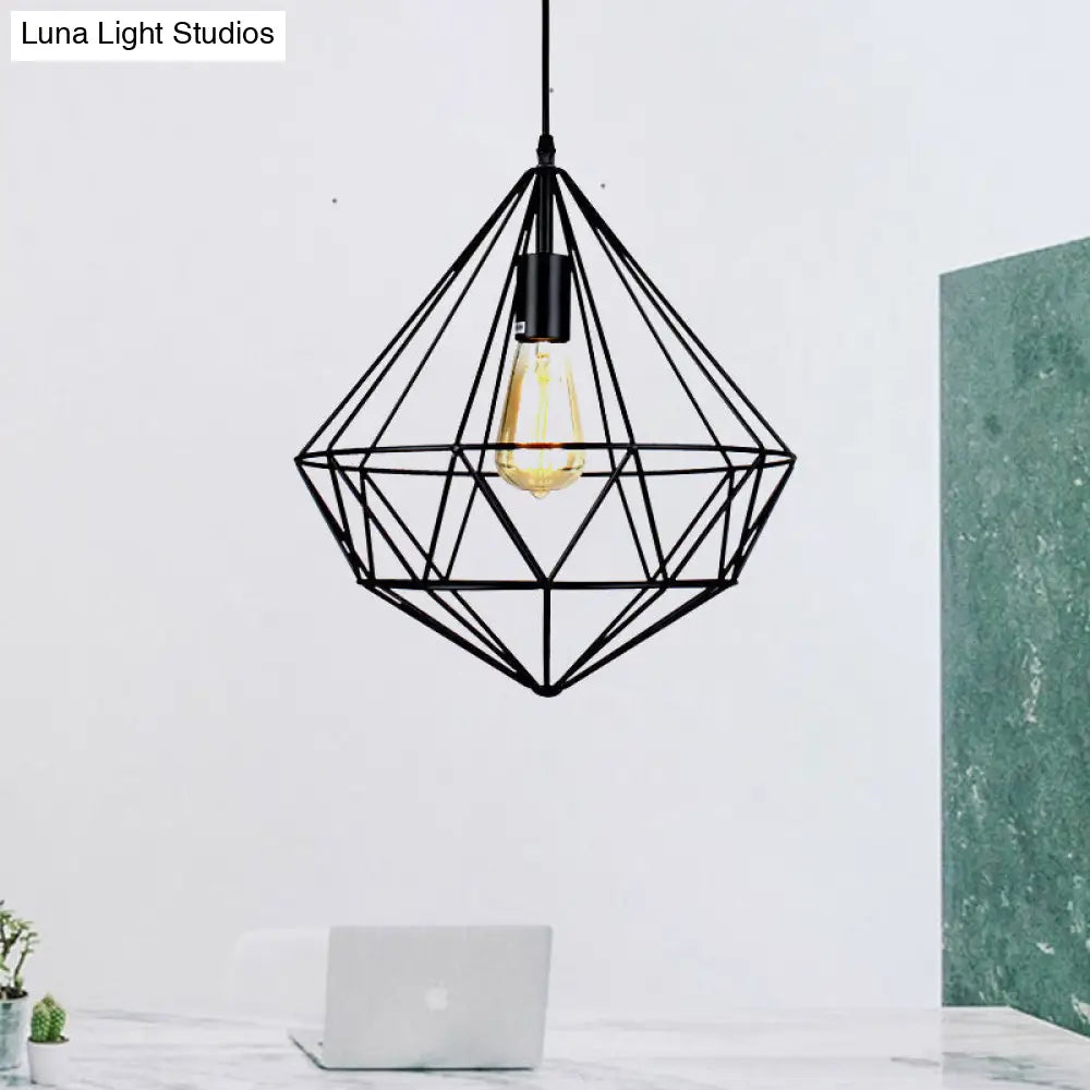 Industrial Black Metal Pendant Ceiling Light With Faceted Cage For Living Room