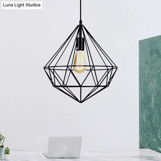 Industrial Black Metal Pendant Ceiling Light With Faceted Cage For Living Room