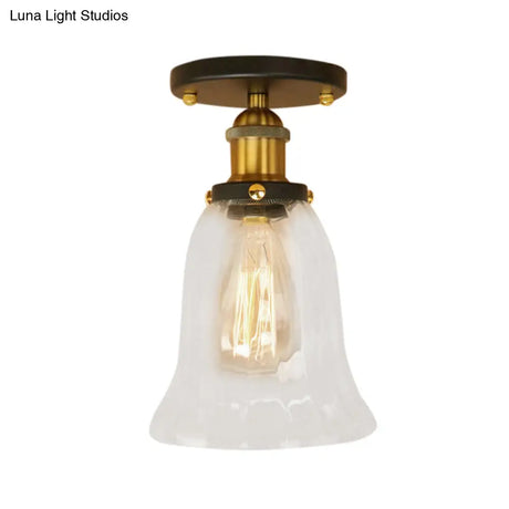 Industrial Flared Glass Semi Flush Mount Light With Clear Bulb In Black/Bronze/Copper