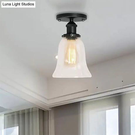 Industrial Flared Glass Semi Flush Mount Light With Clear Bulb In Black/Bronze/Copper