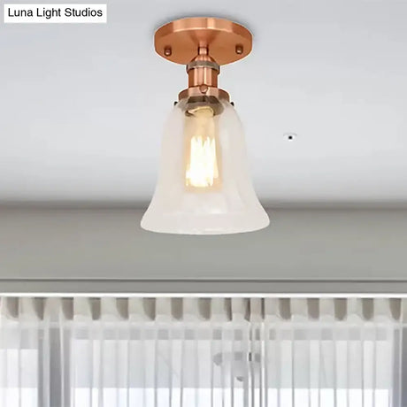 Industrial Flared Glass Semi Flush Mount Light With Clear Bulb In Black/Bronze/Copper