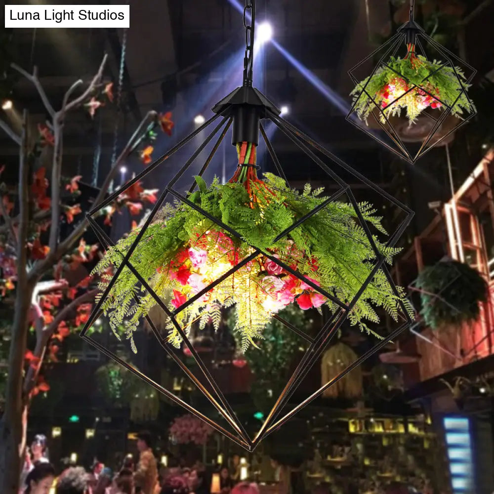 Industrial Geometric Plant Hanging Light - Metal Led Ceiling Suspension Lamp (1 Bulb) In Black