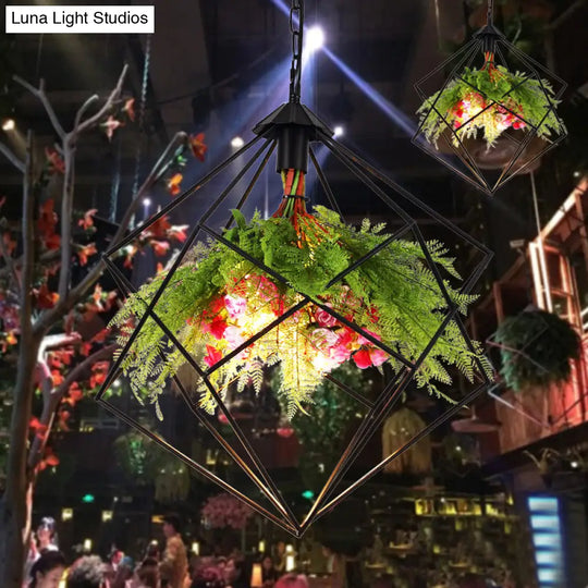 Industrial Geometric Plant Hanging Light - Metal Led Ceiling Suspension Lamp (1 Bulb) In Black