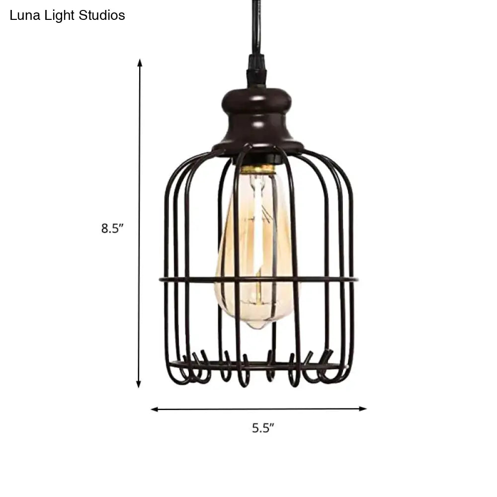 Industrial Glass Single Light Pendant Ceiling With Cage - Black Cylinder Design For Dining Room