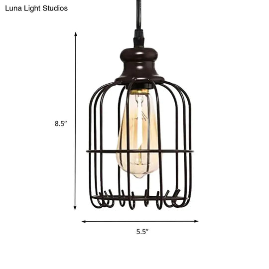 Industrial Glass Single Light Pendant Ceiling With Cage - Black Cylinder Design For Dining Room